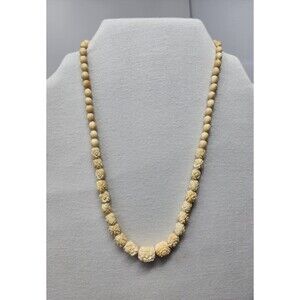 Vintage Hand Carved Bone Rose Necklace – Graduated Floral Beads  1930s–1950s 16"
